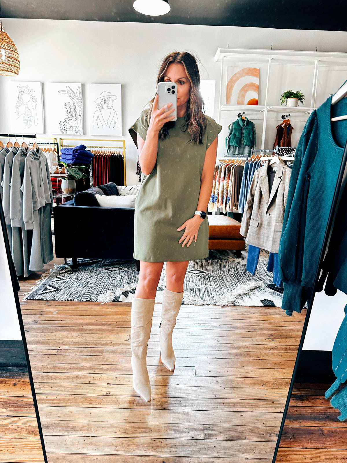 Olive Studded Sleeve Dress-Tops basic solid-VerClare Boutique