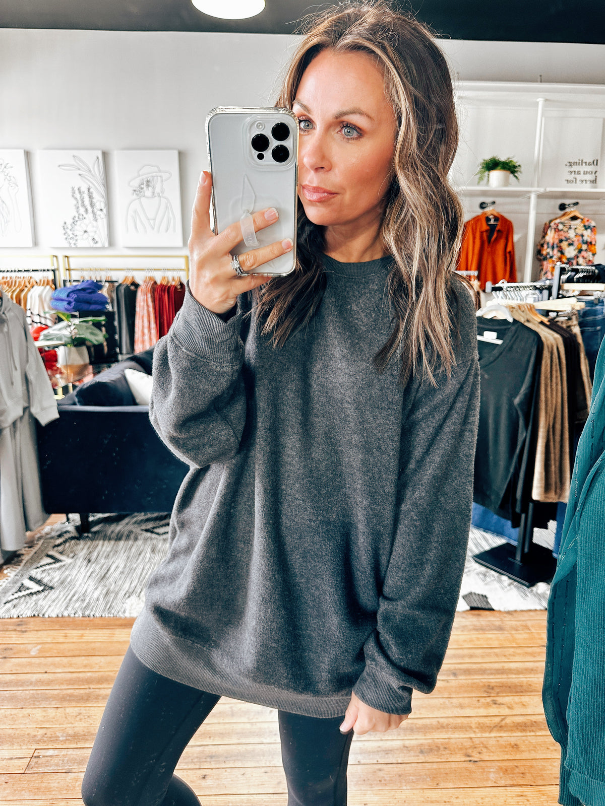 Charcoal Front View. Colleen Comfy Crew Neck Top-3 Colors-Tops basic solid-VerClare Boutique