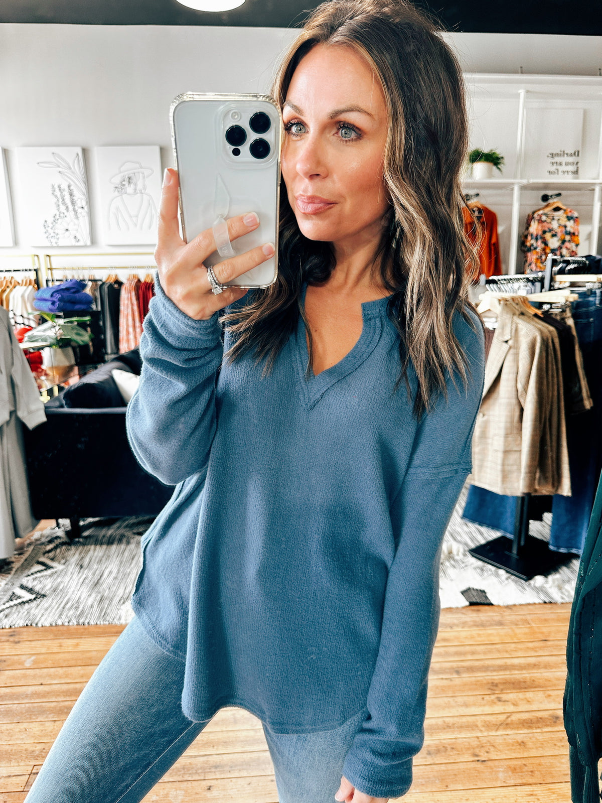 Dusty Blue View. Raw Edge Split Neck Top-3 Colors-Tops basic solid-VerClare Boutique