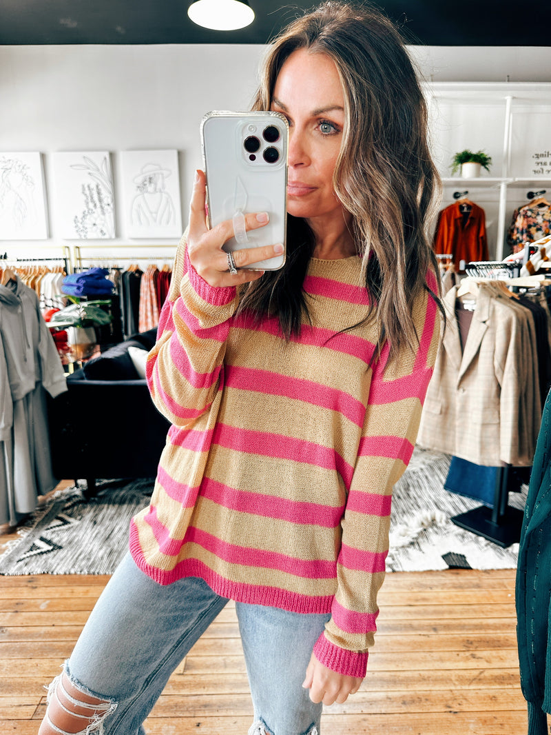 Tan Magenta Front View. Ally Oversized Striped Sweater-2 Colors-sweater-VerClare Boutique