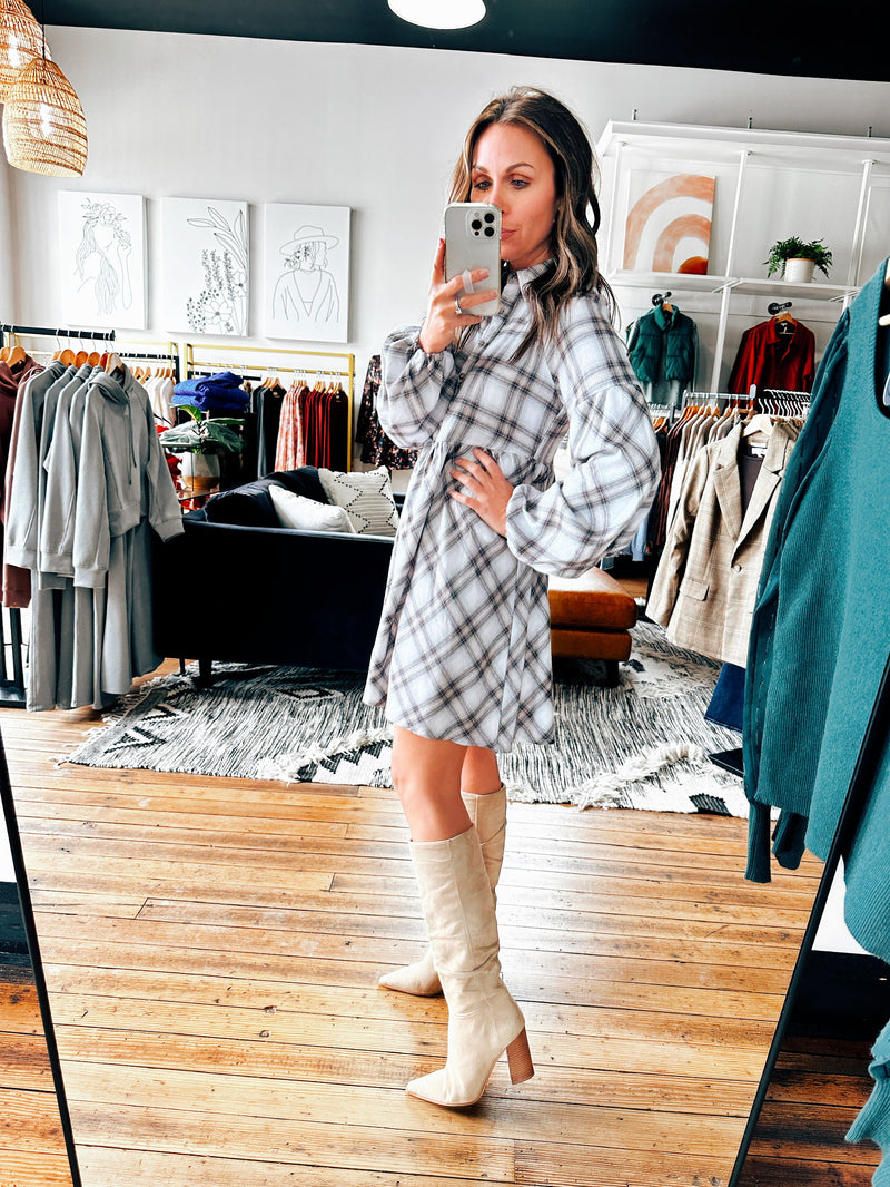 Ivory Plaid Babydoll Dress-Dresses & Rompers-VerClare Boutique