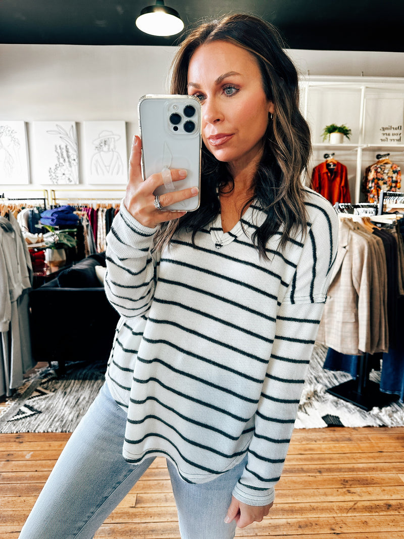 Sonya Striped Raw Edge Top-2 Colors-Tops basic print-VerClare Boutique