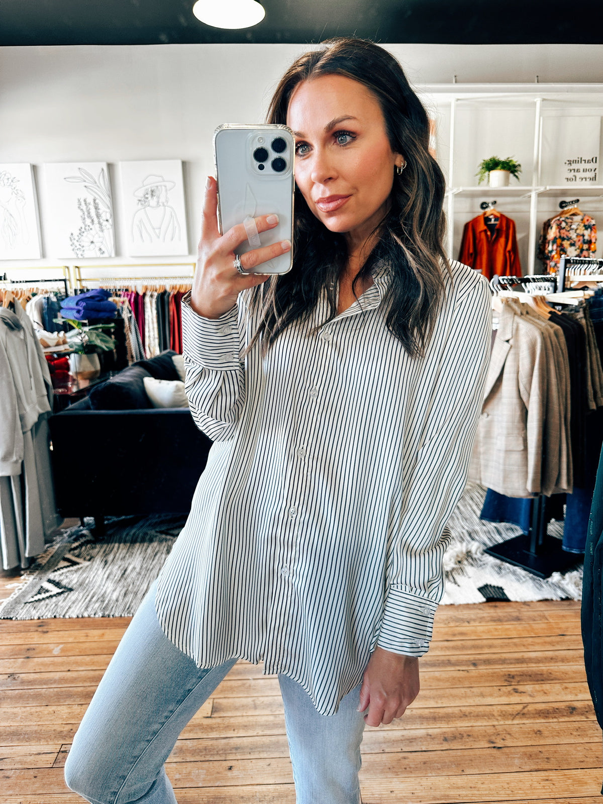 Ivory Pinstripe Button Up Top-Tops basic print-VerClare Boutique