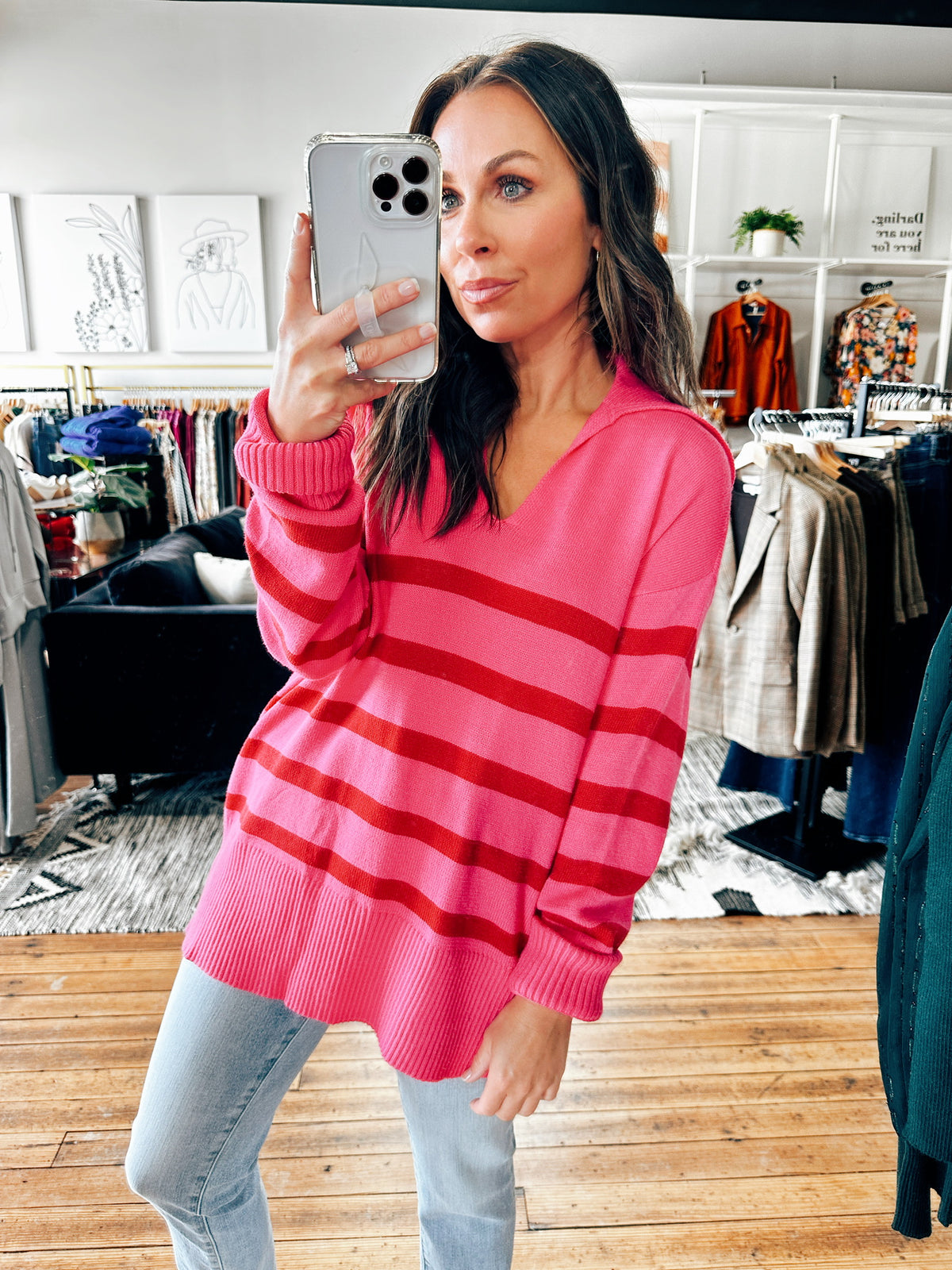 Hot Pink/Red Collared Sweater-sweater-VerClare Boutique
