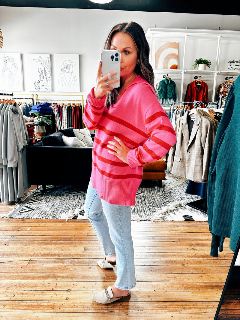 Hot Pink/Red Collared Sweater-sweater-VerClare Boutique