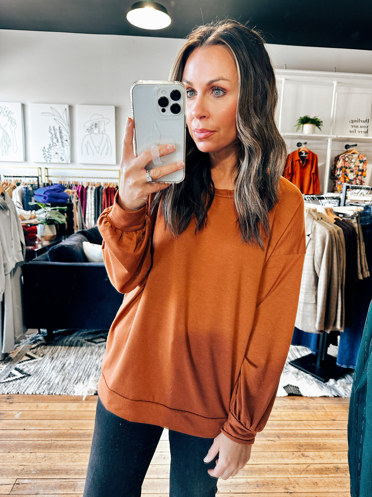 Brown Loose Fit French Pullover-Tops basic solid-VerClare Boutique