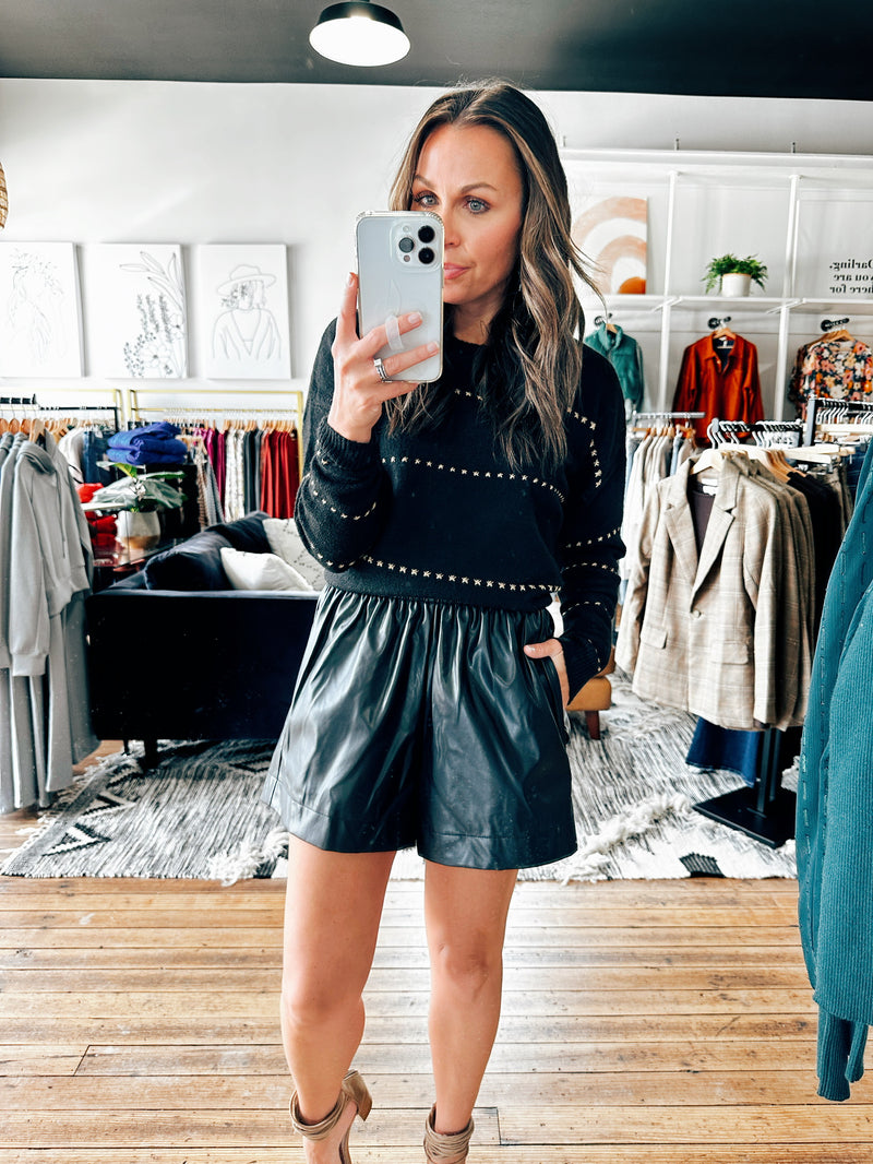 Black Leather Flared Shorts-bottoms-VerClare Boutique