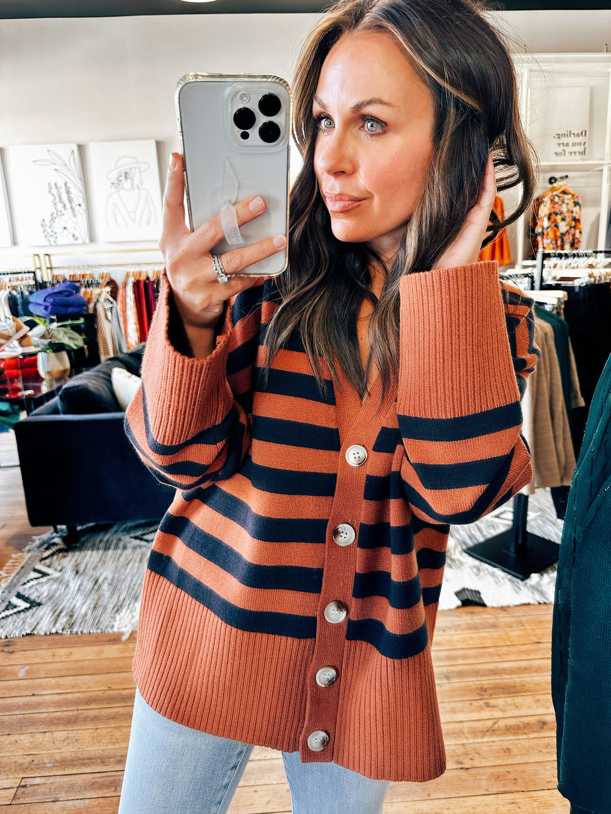 Front View. Striped Button Up Copper Cardigan-sweater-VerClare Boutique