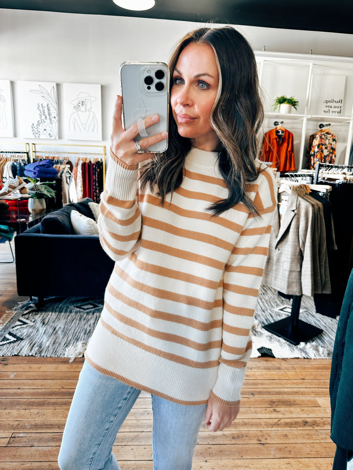 Front View. The Sydney Striped Camel Sweater-sweater-VerClare Boutique