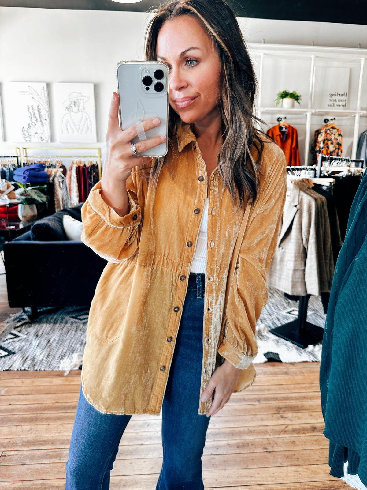 Front View. Mustard Velvet Shirt-Tops casual-VerClare Boutique