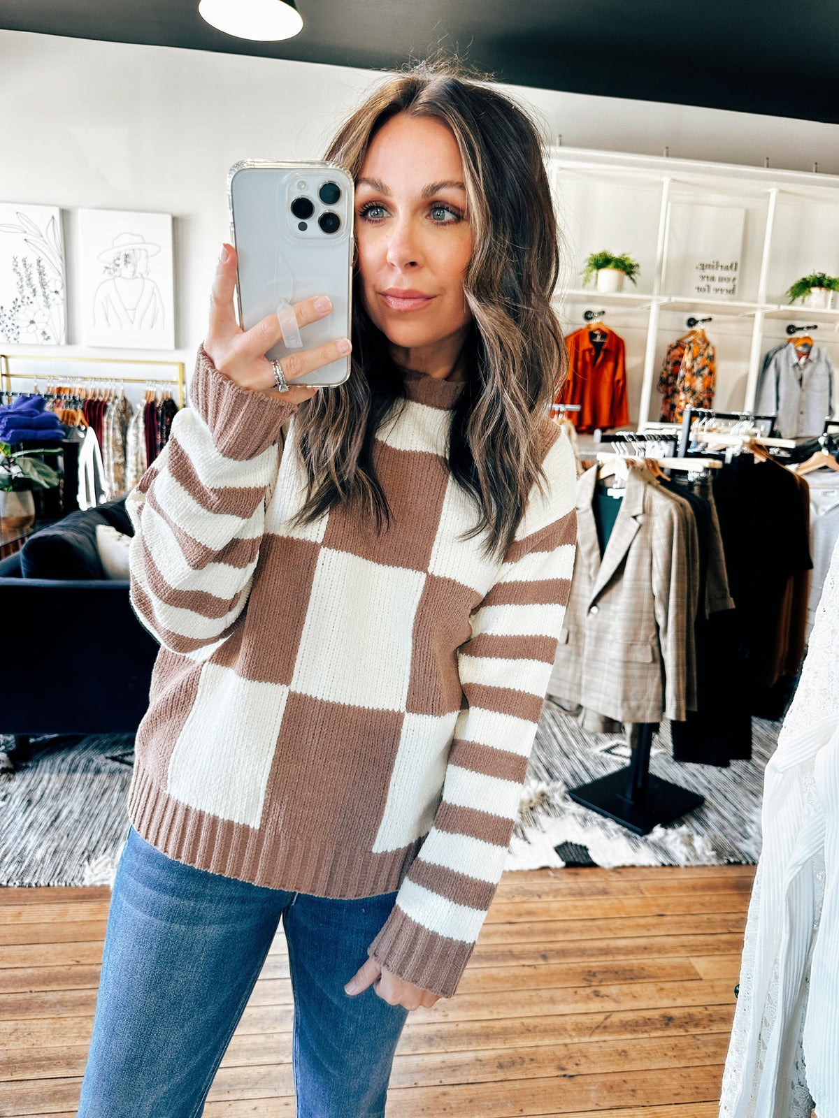 Front View. Brown Multi Patterned Sweater-sweater-VerClare Boutique