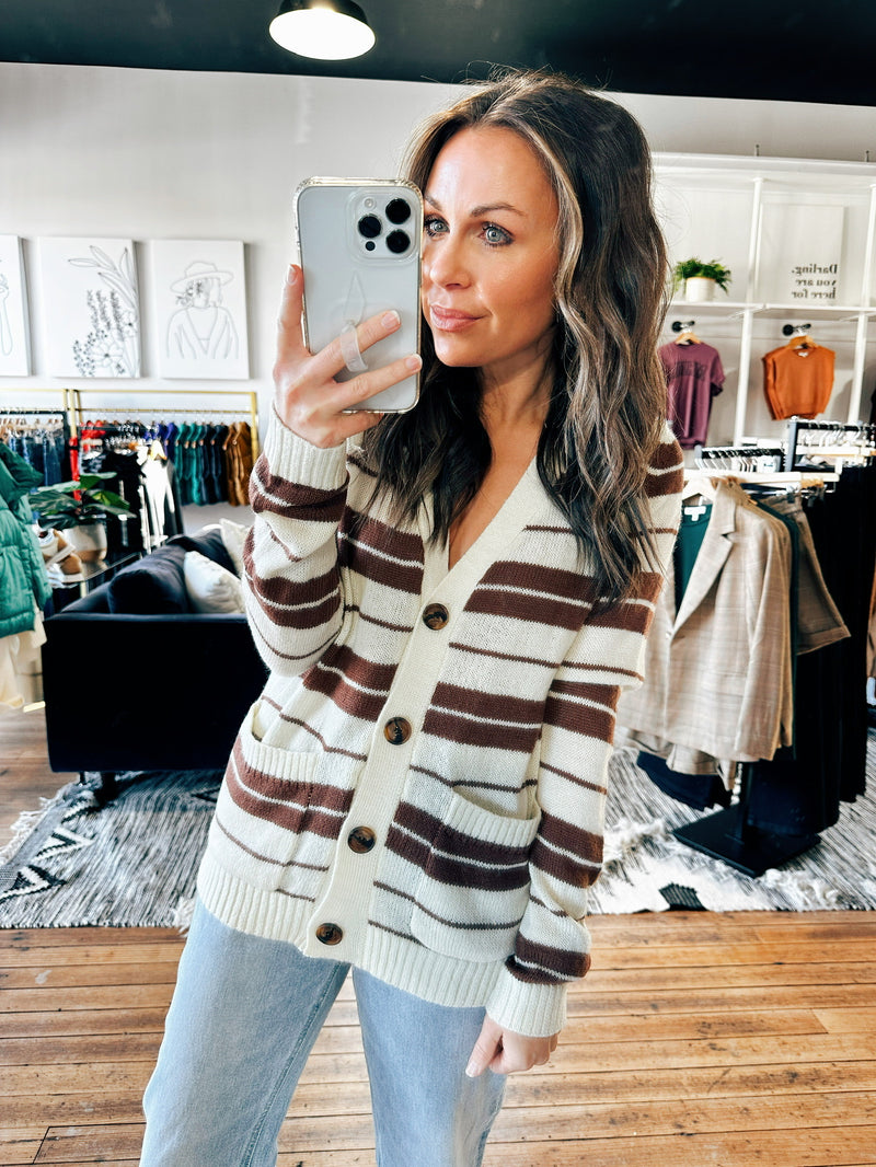 Brown View. Monica Multi Stripe Cardigan-2 Colors-sweater-VerClare Boutique