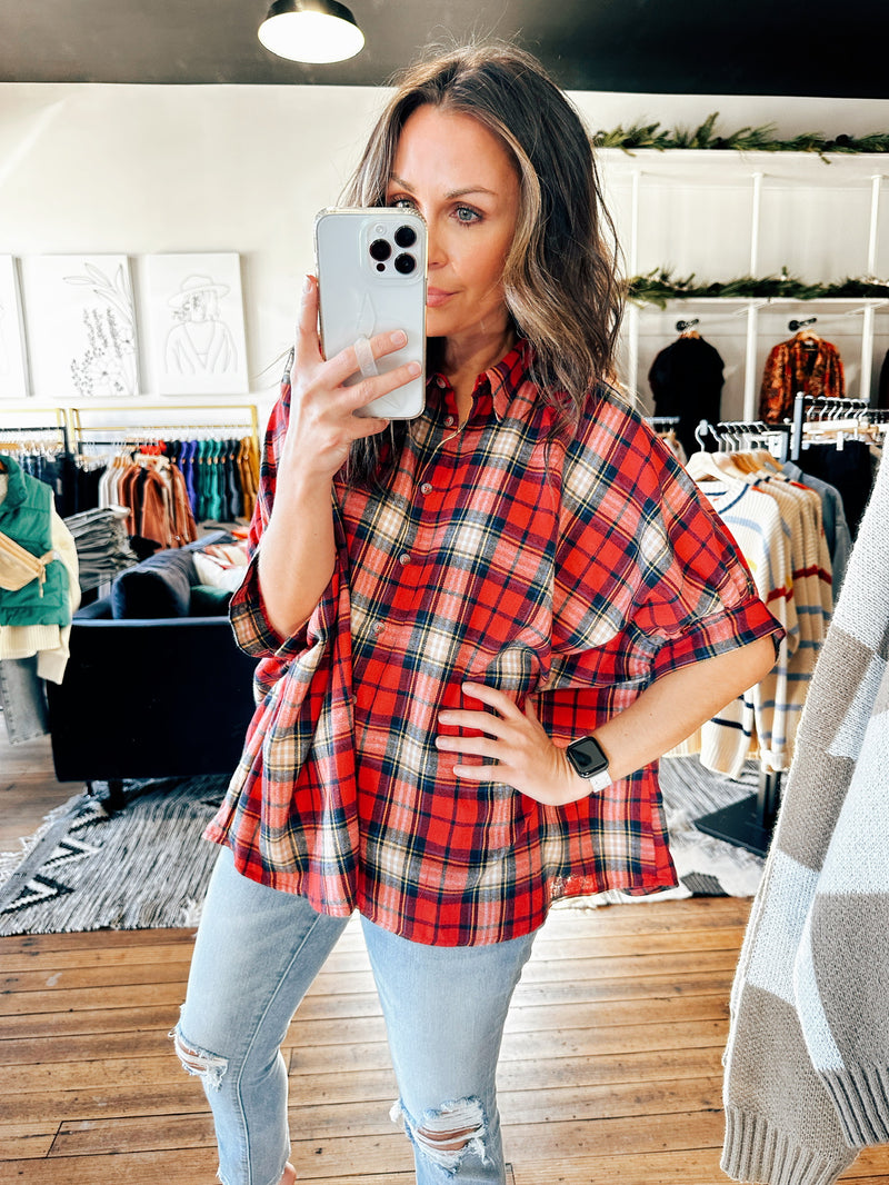 Front View. Red Check Button Down Plaid Top-Tops casual-VerClare Boutique
