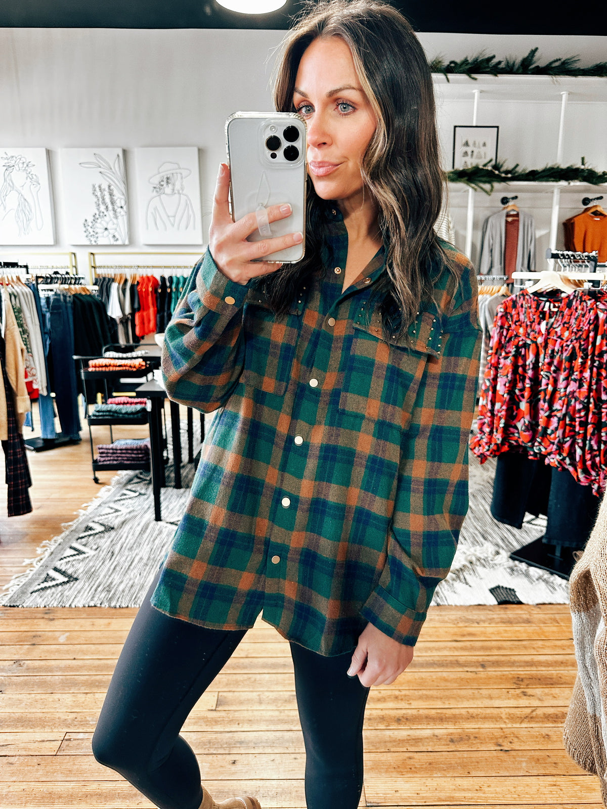 Front View. Green Plaid Grommet Shirt-Tops casual-VerClare Boutique