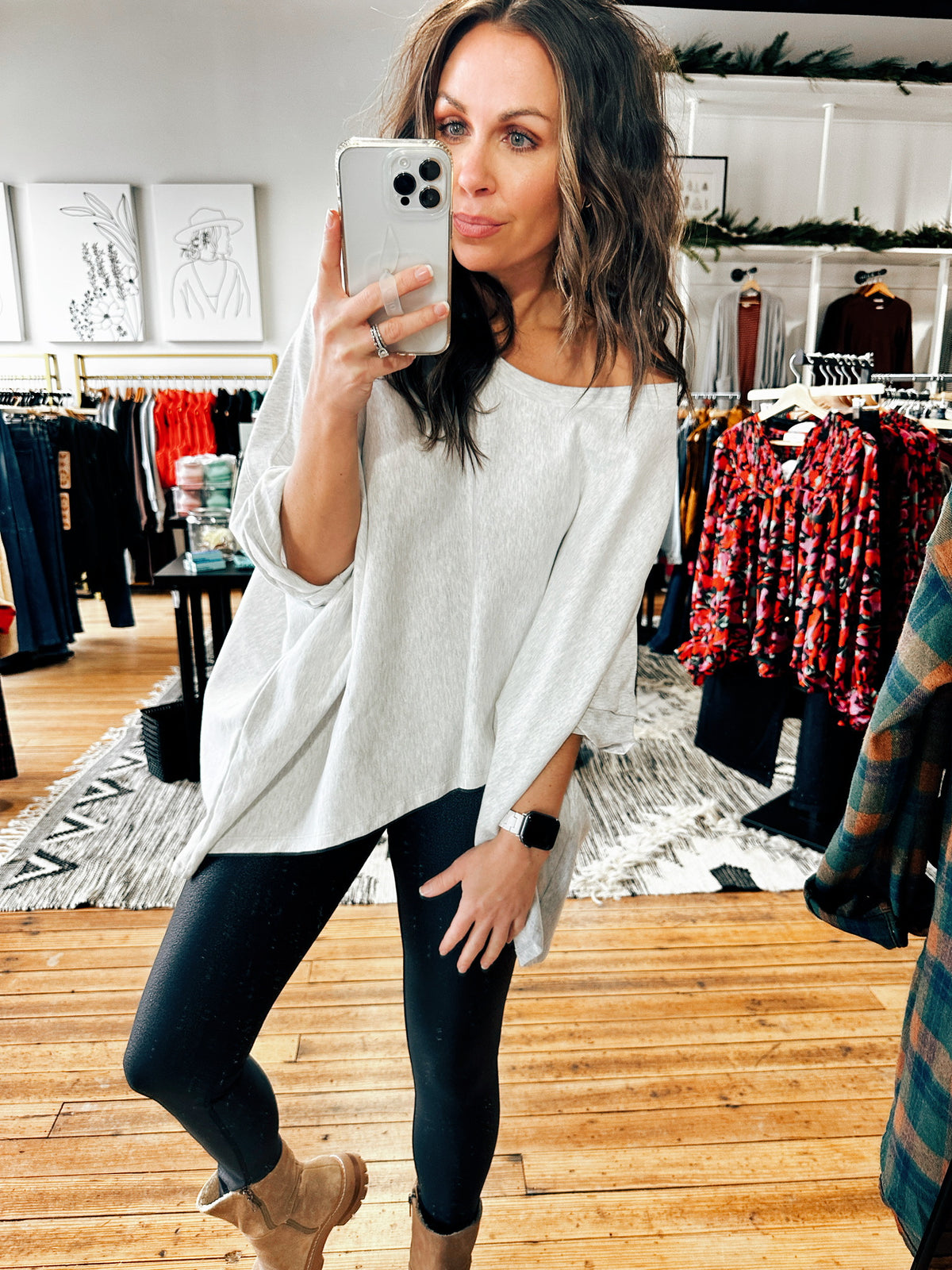 Front View. Gridley Oversized Pale Gray Slub Top-Tops basic solid-VerClare Boutique