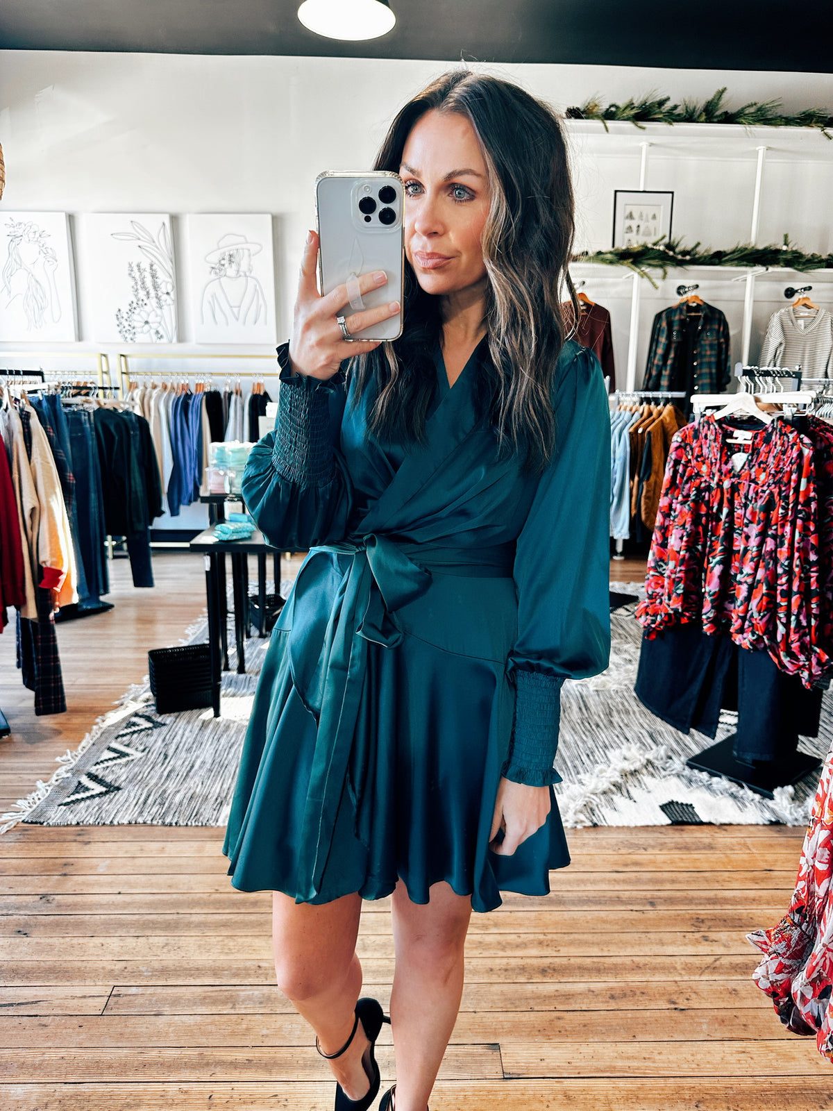 Front View. Satin Teal Wrap Dress-Dresses & Rompers-VerClare Boutique