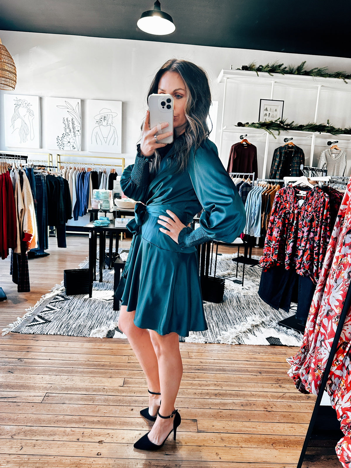 Side View. Satin Teal Wrap Dress-Dresses & Rompers-VerClare Boutique
