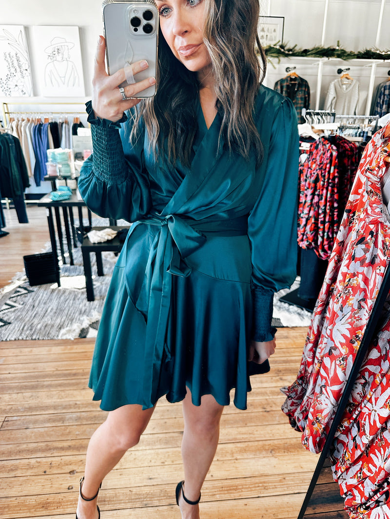 Satin Teal Wrap Dress-Dresses & Rompers-VerClare Boutique