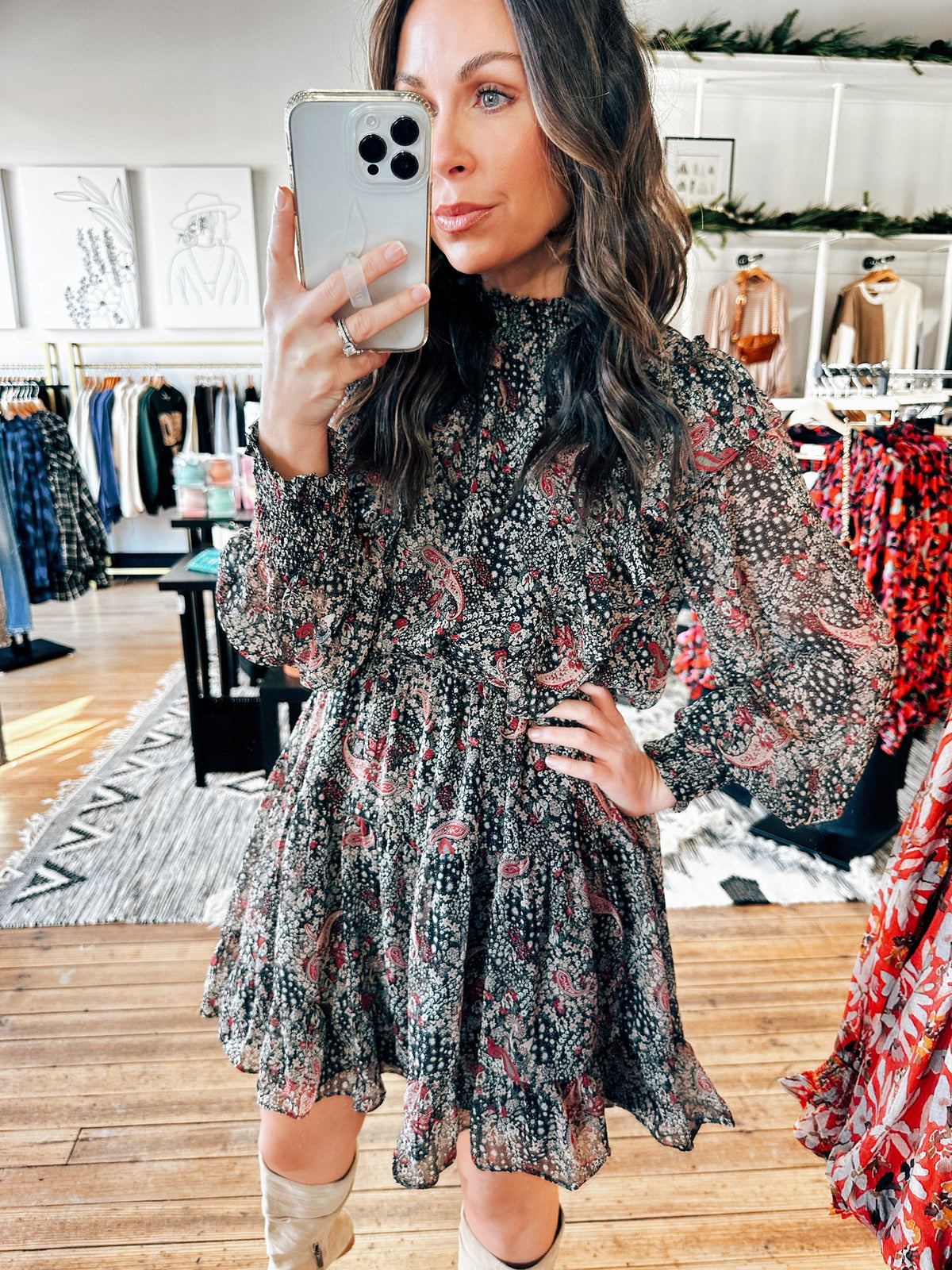 Front View. Black Paisley Tiered Dress-Dresses & Rompers-VerClare Boutique