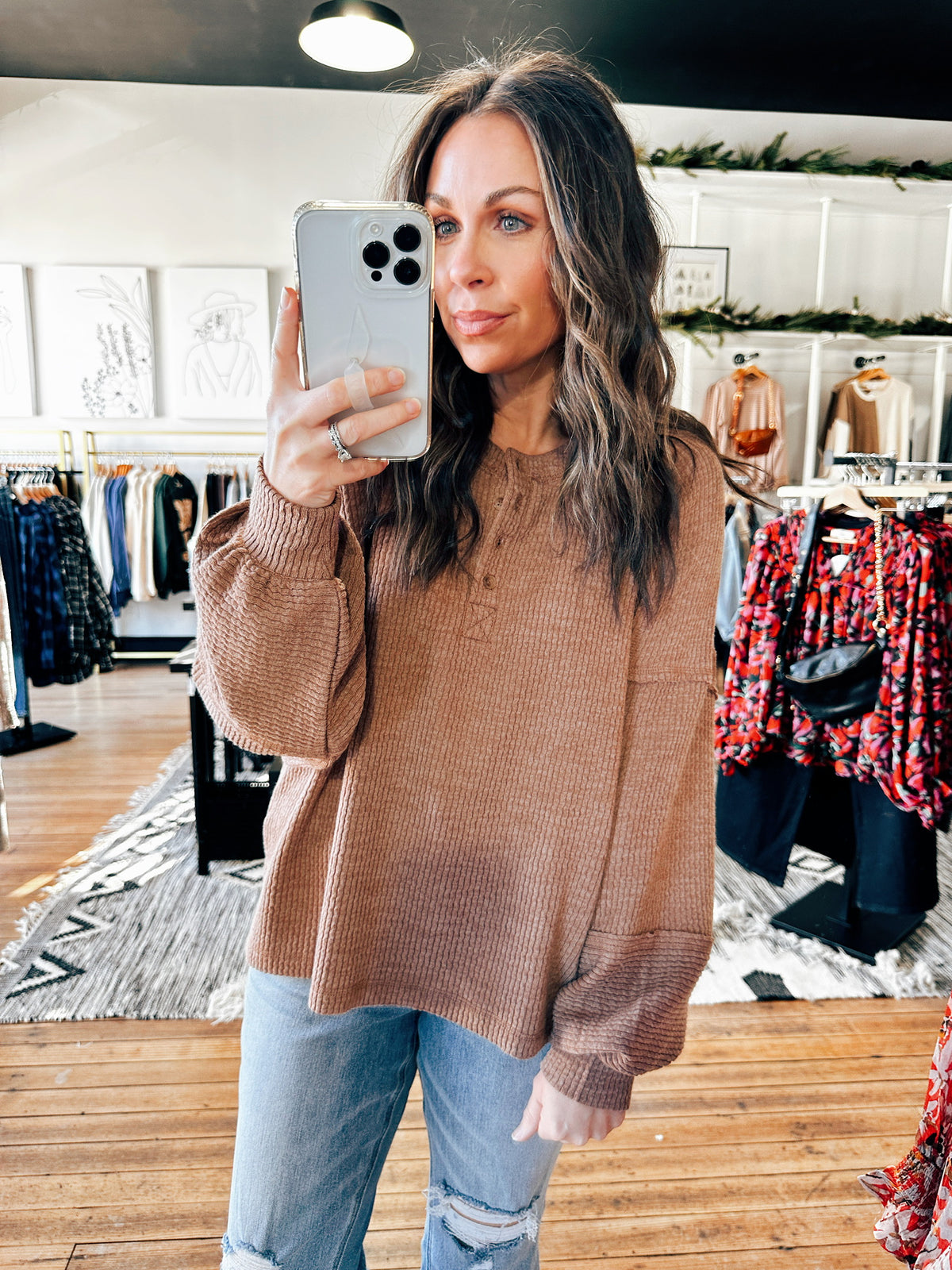 Front View. Brown Henley Relaxed Knit Top-Tops basic solid-VerClare Boutique