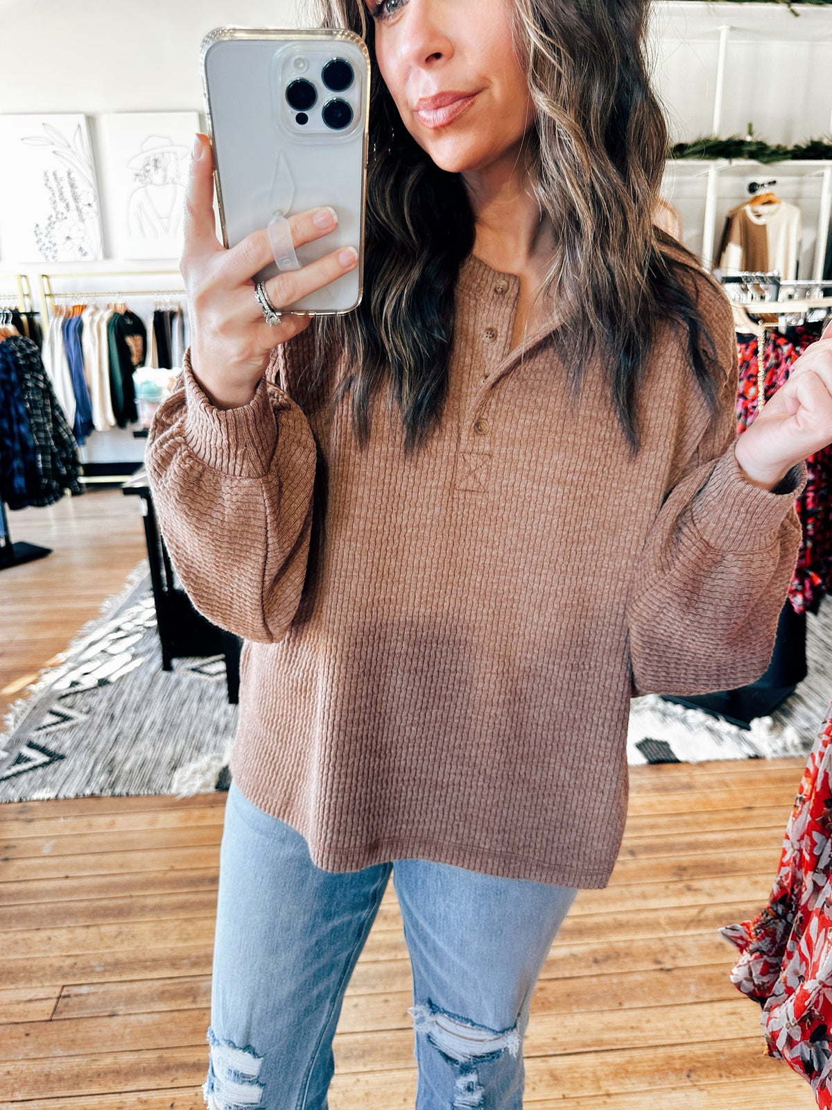Brown Henley Relaxed Knit Top-Tops basic solid-VerClare Boutique