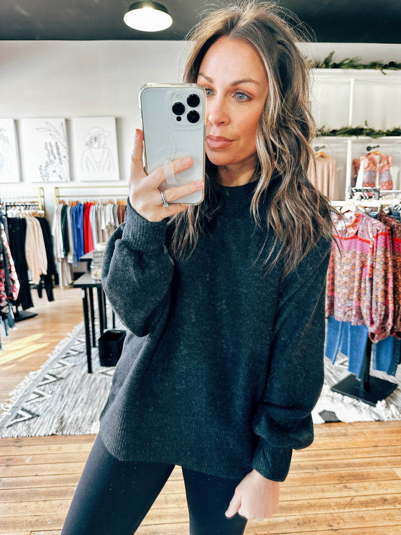 Charcoal View. Cozy Susan Long Sleeve Pullover-3 Colors-Tops basic solid-VerClare Boutique
