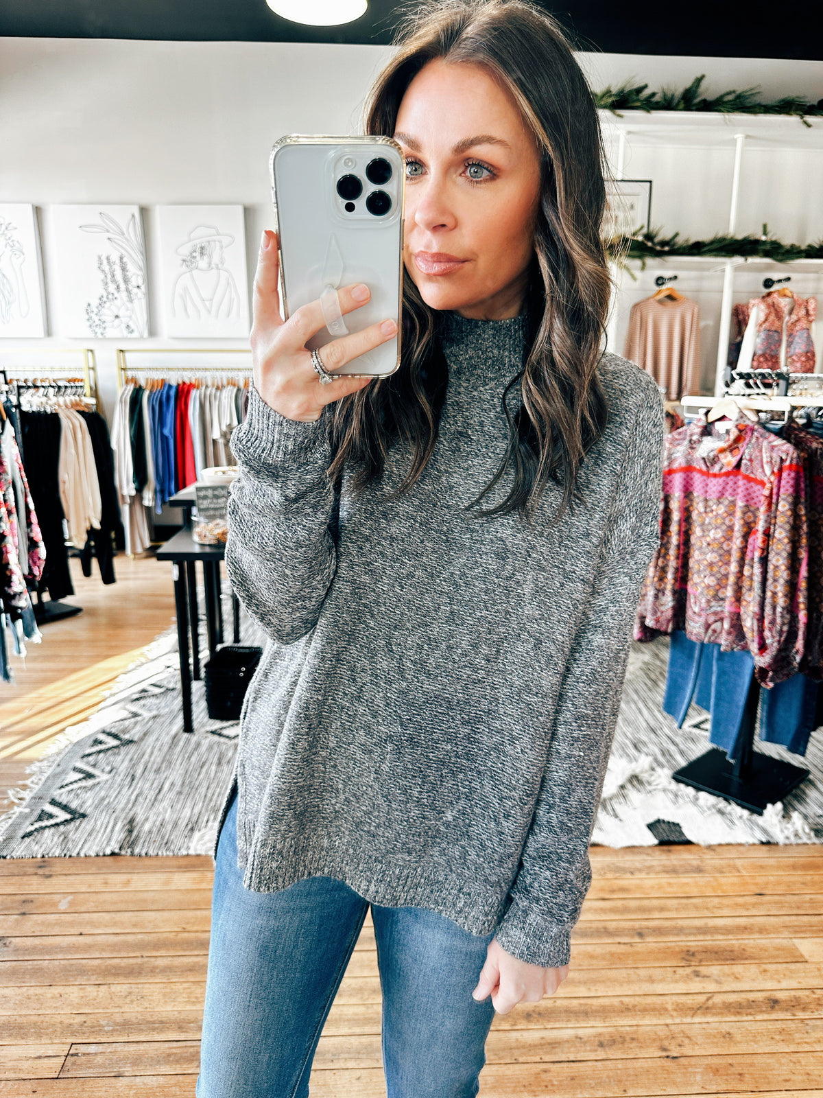 Front View. Suzanna Side Slit Marled Grey Pullover-sweater-VerClare Boutique