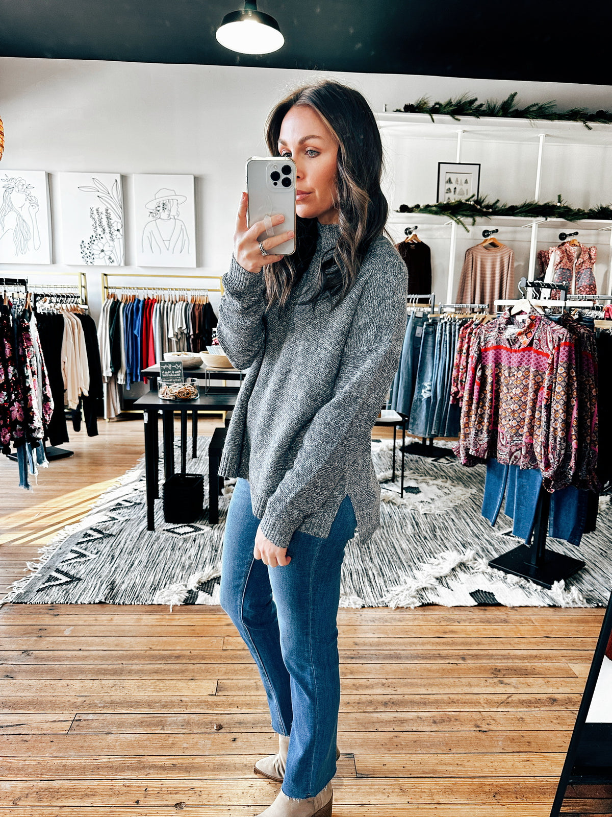 Side View. Suzanna Side Slit Marled Grey Pullover-sweater-VerClare Boutique