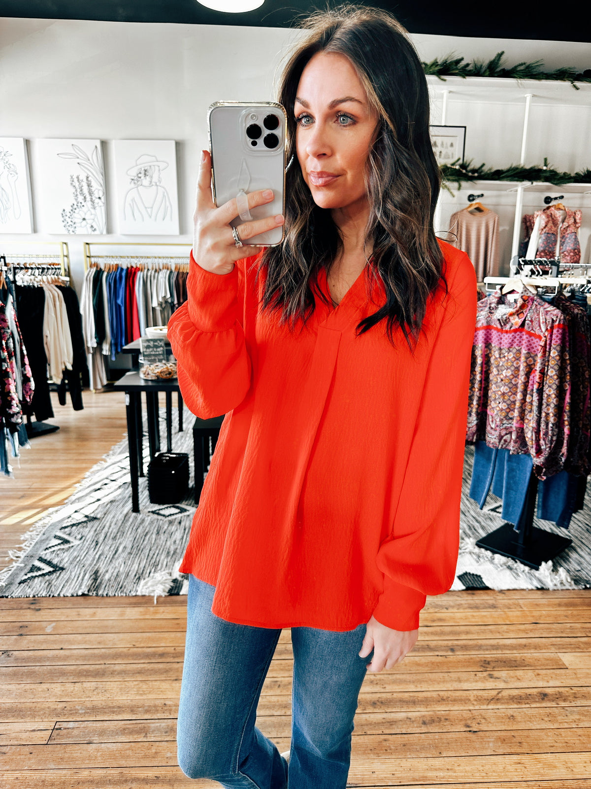 Coral Red View. Pleat Detailed V-Neck Blouse-3 Colors-Tops casual-VerClare Boutique