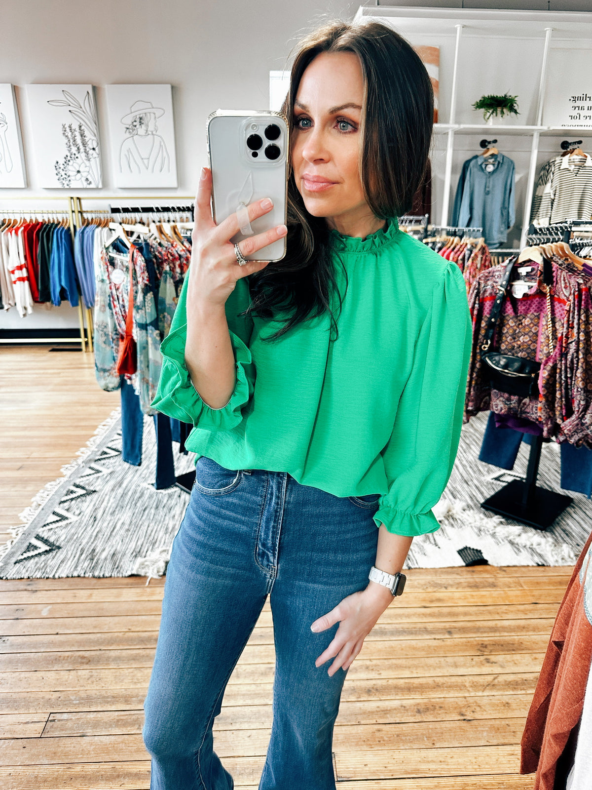 Kelly Green View. Jenny Elastic Cuff Blouse-2 Colors-Tops casual-VerClare Boutique