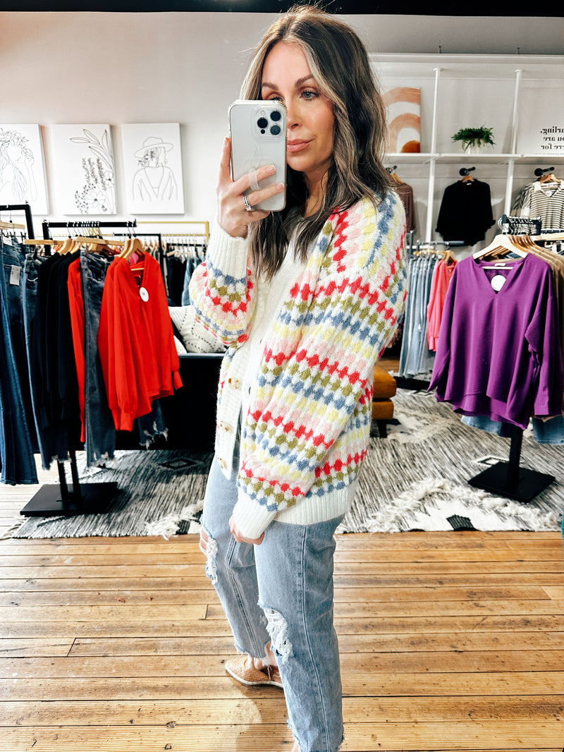 Side View. Multi Fuchsia Boyfriend Cardigan-sweater-VerClare Boutique