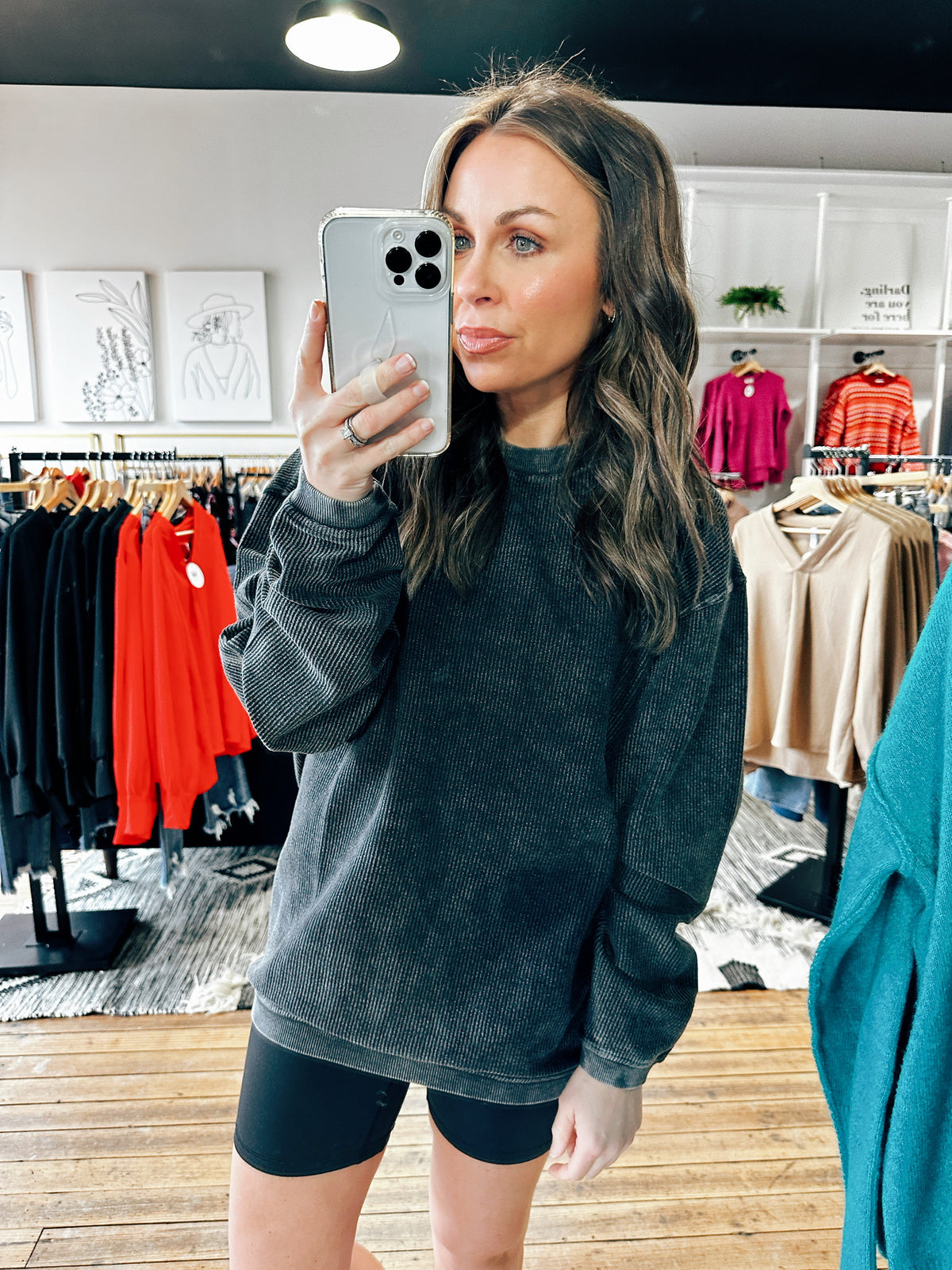 Washed Black Front View. Essential Luxe Corded Sweatshirt-5 Colors-Jackets & KimonosWomen's Luxe Corded Sweatshirt | VerClare Boutique | Chenoa, IL-Women's Luxe Corded Sweatshirt! Available in sizes S, M, L, XL in 4 color and offers a relaxed fit. Fabric: 100% Cotton. VerClare Boutique is located in Chenoa, IL about 20 minutes outside of Bloomington, IL & Normal, IL. Located in McLean County. Shop Pay Accepted! -VerClare Boutique