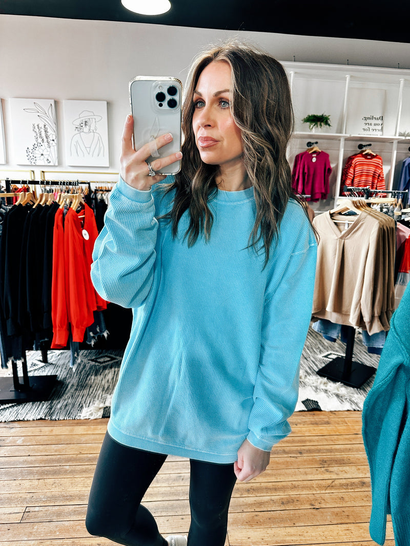 Cerculean Blue Front View. Essential Luxe Corded Sweatshirt-5 Colors-Jackets & KimonosWomen's Luxe Corded Sweatshirt | VerClare Boutique | Chenoa, IL-Women's Luxe Corded Sweatshirt! Available in sizes S, M, L, XL in 4 color and offers a relaxed fit. Fabric: 100% Cotton. VerClare Boutique is located in Chenoa, IL about 20 minutes outside of Bloomington, IL & Normal, IL. Located in McLean County. Shop Pay Accepted! -VerClare Boutique