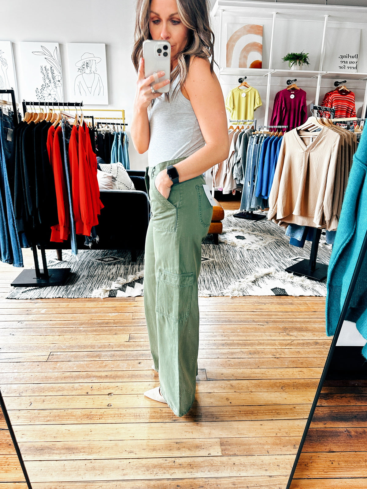 Side View. Thyme Utility Cargo Pants-Bottoms-VerClare Boutique