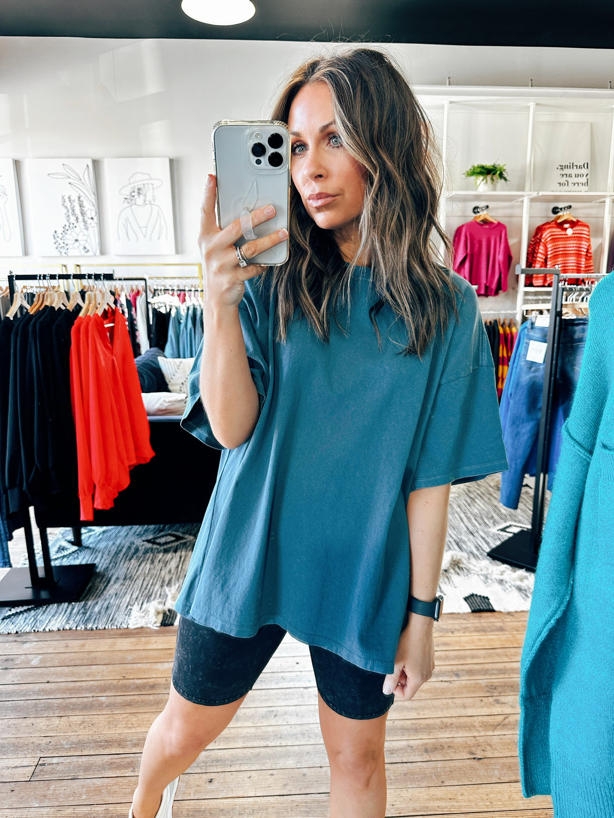 Dark Teal View. Olivia Boyfriend Tee-3 Colors-Tops basic solid-VerClare Boutique