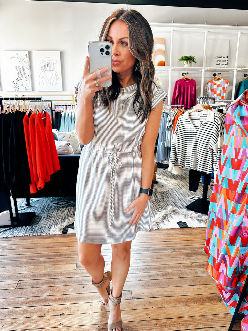 Pinstripe Ivory Drawstring Dress-Dresses & Rompers-VerClare Boutique