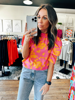 Pink Yellow Front View. High Neck Puff Sleeve Print Blouse-2 Colors-Tops casual-VerClare Boutique