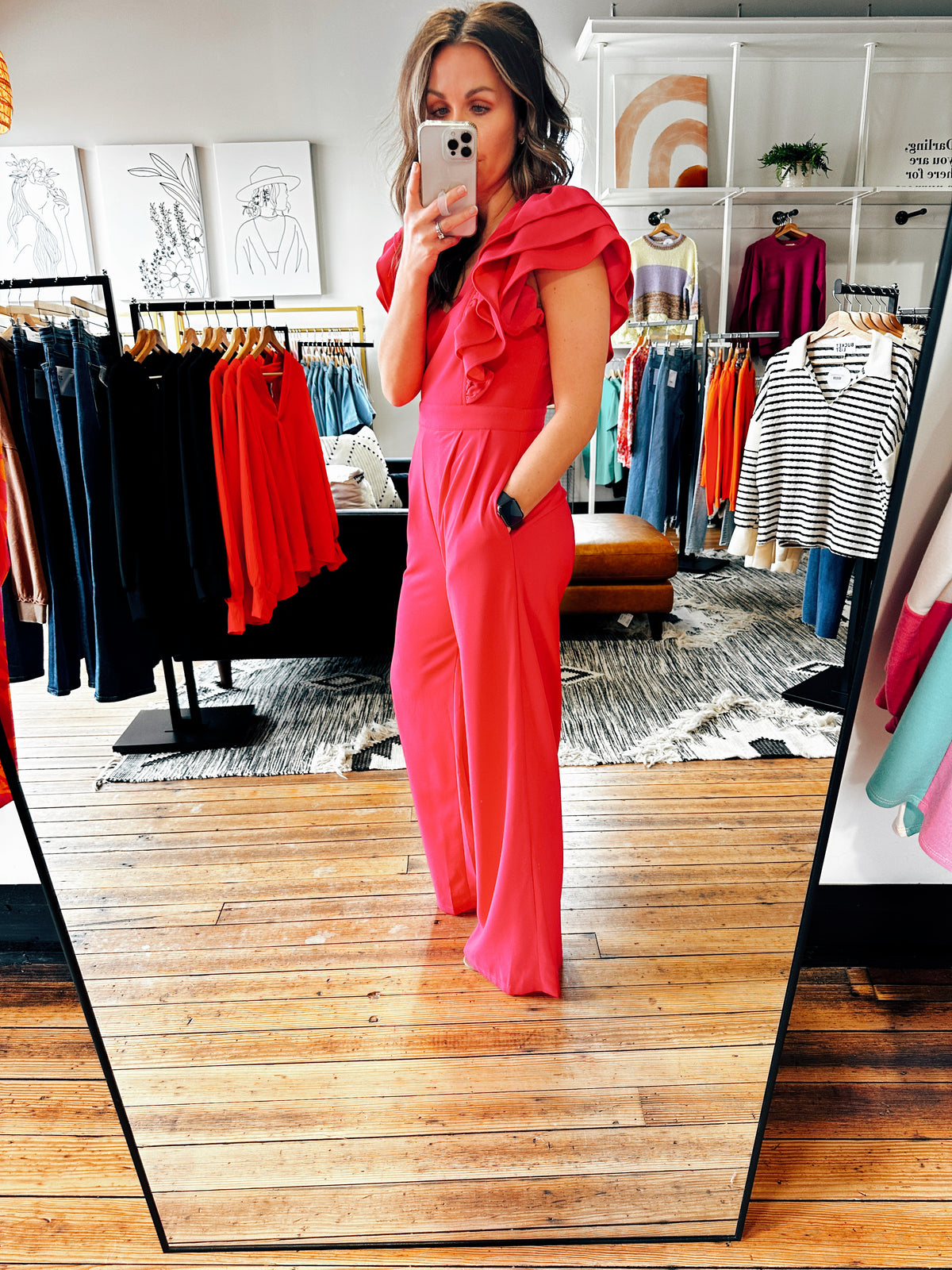 Ruffle Shoulder Dressy Rose Jumpsuit-Bottoms-VerClare Boutique