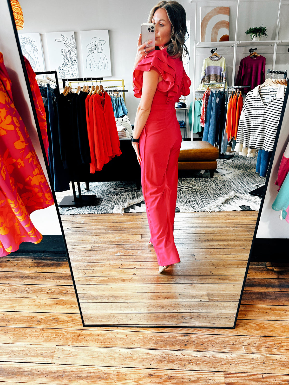 Side Back View. Ruffle Shoulder Dressy Rose Jumpsuit-Bottoms-VerClare Boutique