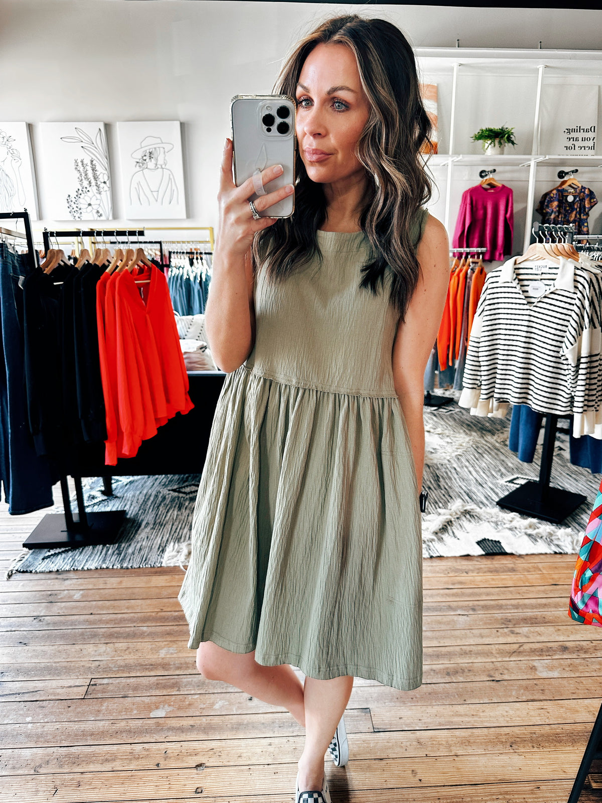 Olive Sleeveless Crinkle Dress-Dresses & Rompers-VerClare Boutique