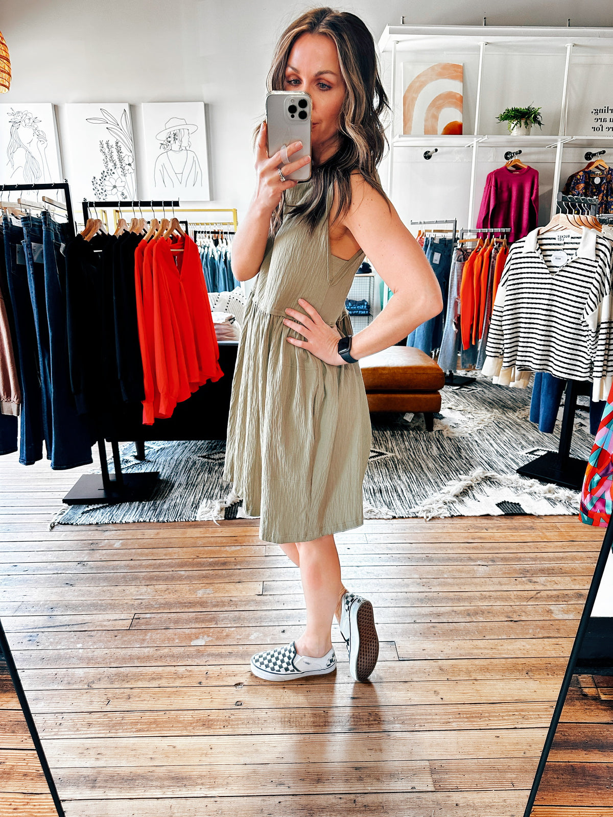 Side View. Olive Sleeveless Crinkle Dress-Dresses & Rompers-VerClare Boutique