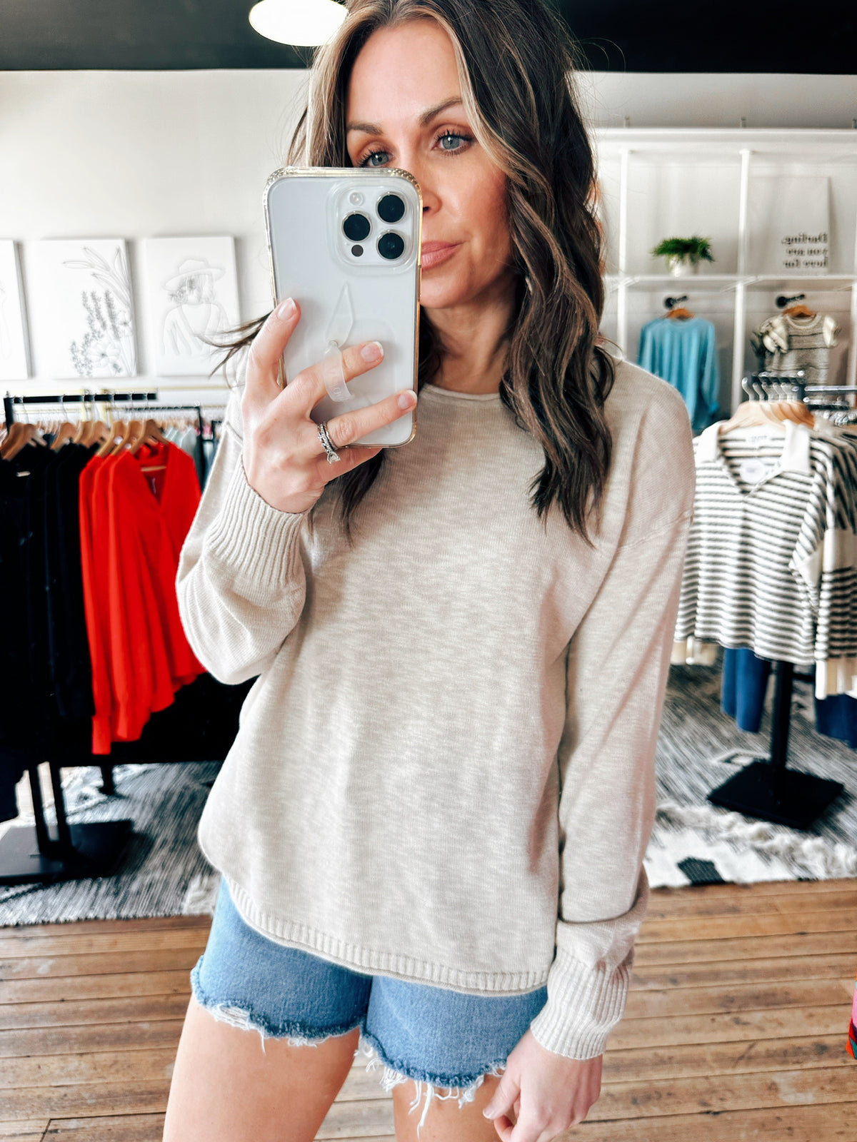 Heathered Beige Long Sleeve Sweater-sweater-VerClare Boutique