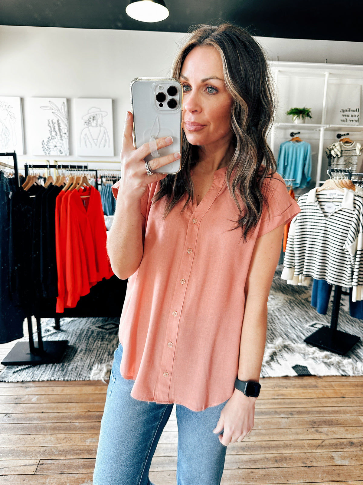 Dusty Peach View. Rolled Sleeve Woven Top-3 Colors-Tops casual-VerClare Boutique