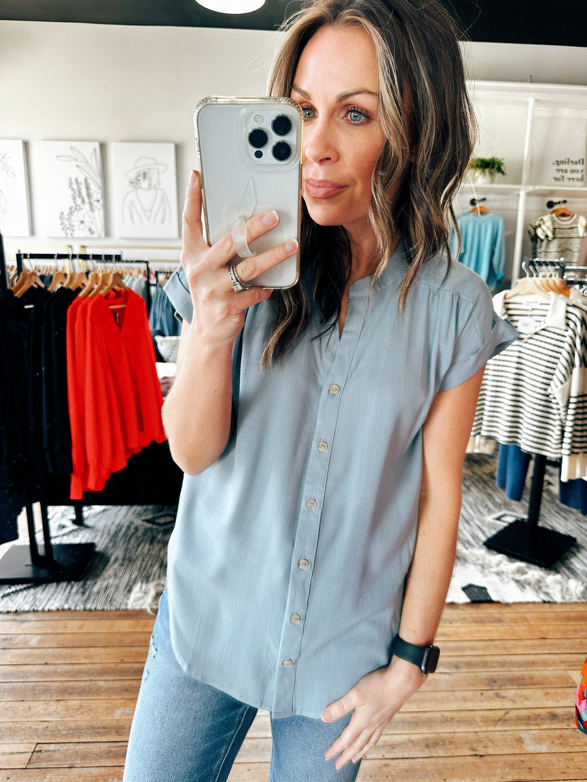 Dusty Blue View. Rolled Sleeve Woven Top-3 Colors-Tops casual-VerClare Boutique