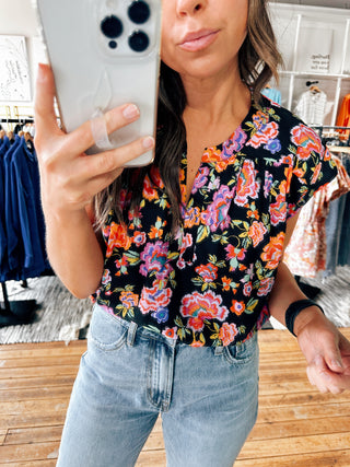 Multi Floral Black Top-Tops-VerClare Boutique