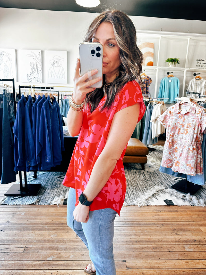 Rosy Red Floral Blouse-Tops casual-VerClare Boutique