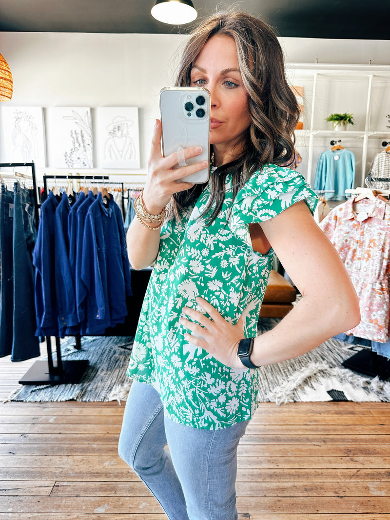 Green & White Flutter Sleeve Blouse-Tops casual-VerClare Boutique
