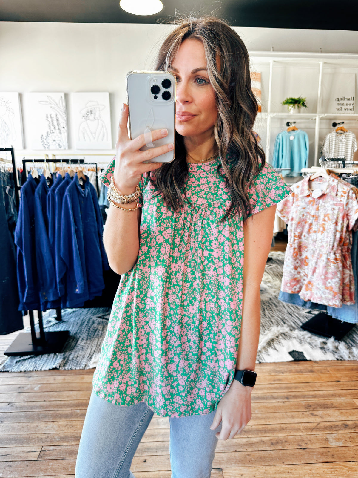Front View. Green Floral Ruffle Sleeve Top-Tops casual-VerClare Boutique