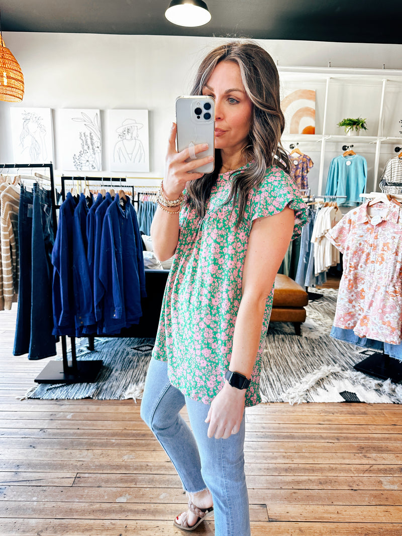 Side View. Green Floral Ruffle Sleeve Top-Tops casual-VerClare Boutique