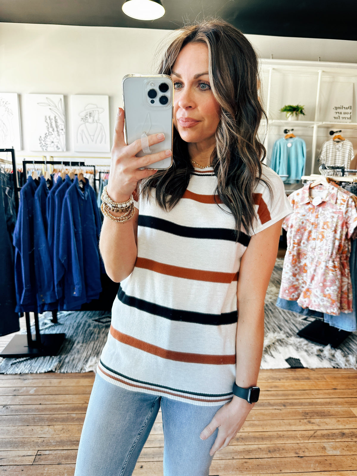 Ivory Copper Front View. Lightweight Striped Top-2 Colors-Tops basic print-VerClare Boutique